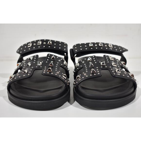 Hermes Chypre Sandal Black Studded Stud Punk Rock H Logo Strap Slide Flat 39 - Picture 6 of 16